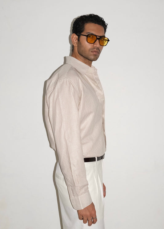 Tailored Linen Cotton Shirt- Brown/White stripe