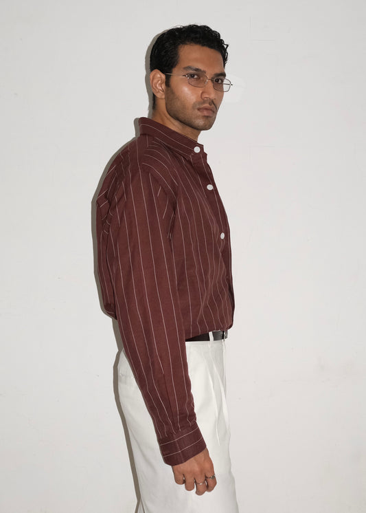 Tailored Linen Cotton Shirt- Brown/White pinstripe