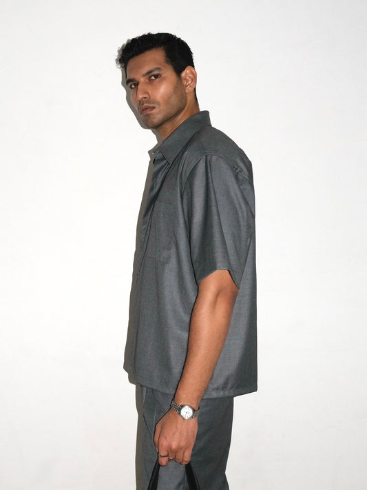 Tailored Wool blend Half Sleeves Shirt - Grey