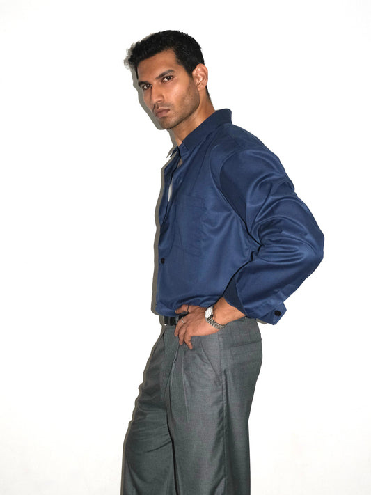 Tailored Wool blend Full Sleeves Shirt - Blue