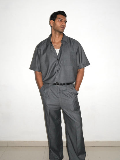 Tailored Wool blend Half Sleeves Shirt - Grey