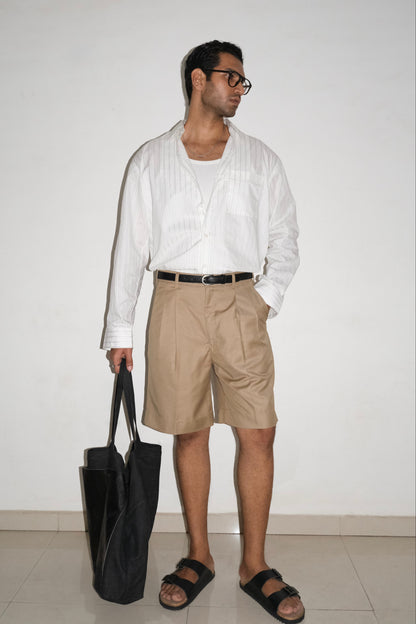 Tailored Double Pleated Shorts- Tan