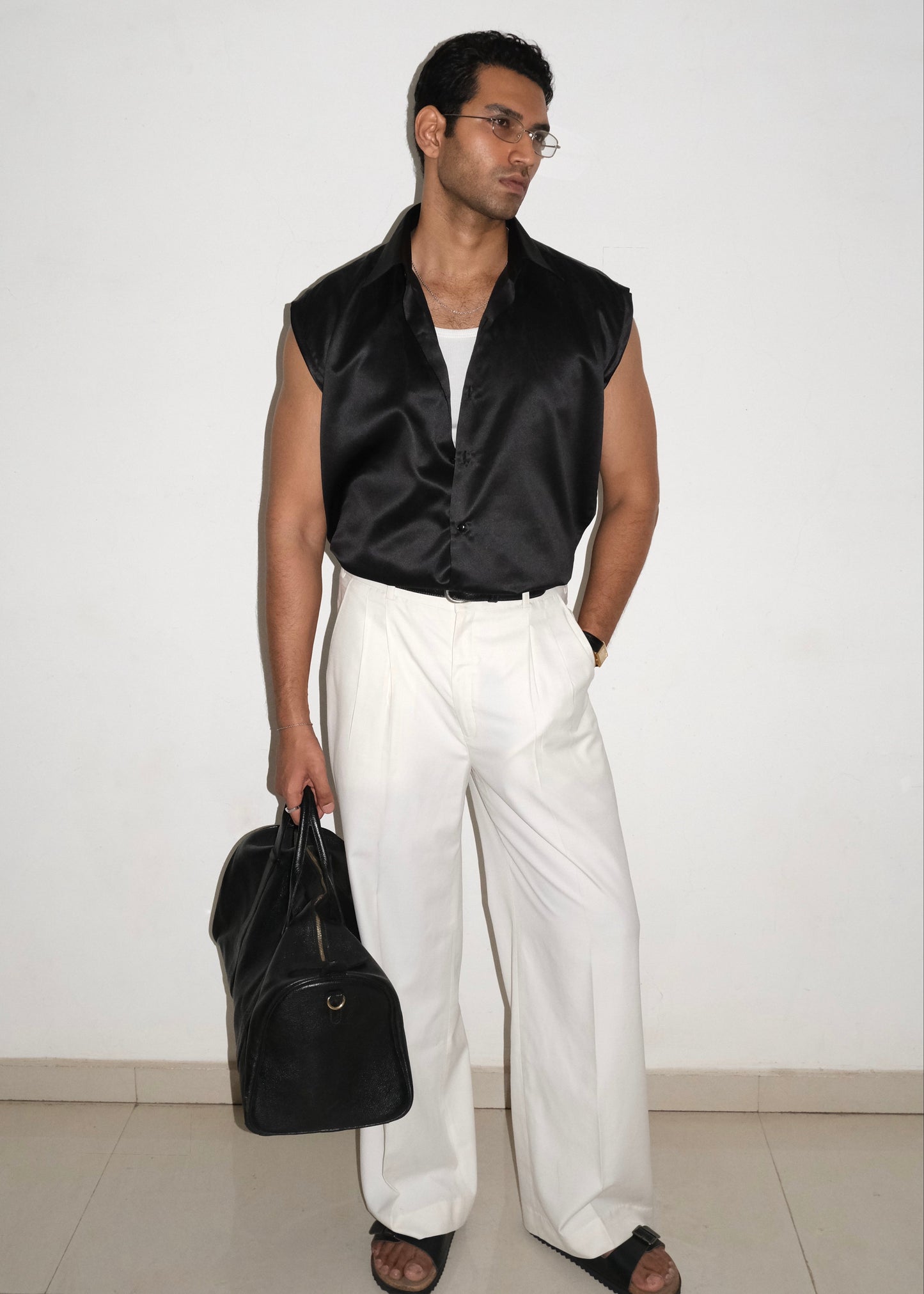 Tailored Satin Sleeveless Shirt- Black