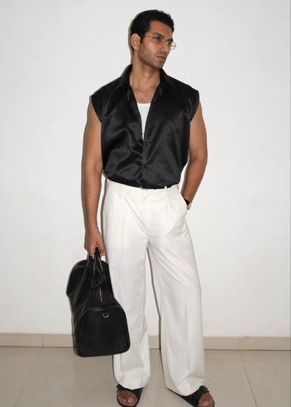 Tailored Satin Sleeveless Shirt- Black