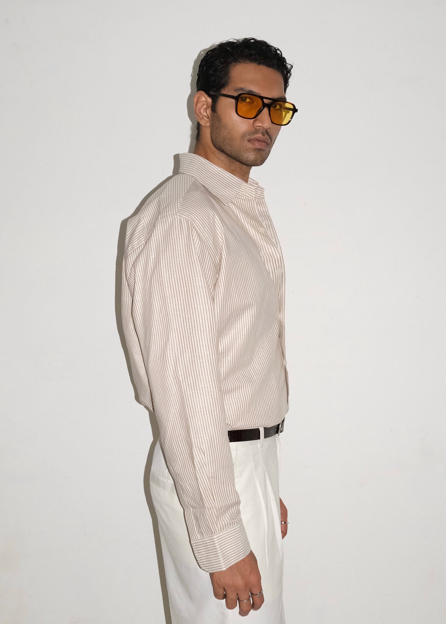 Tailored Linen Cotton Shirt- Brown/White stripe