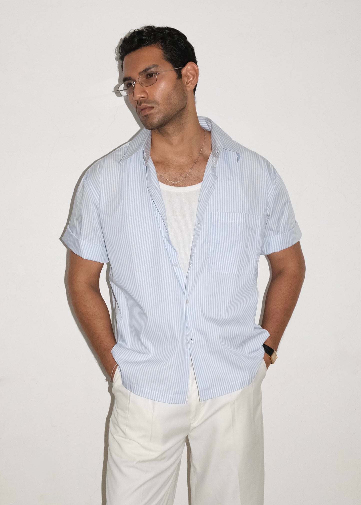 Tailored Pima Cotton Short Shirt - Blue/White stripe
