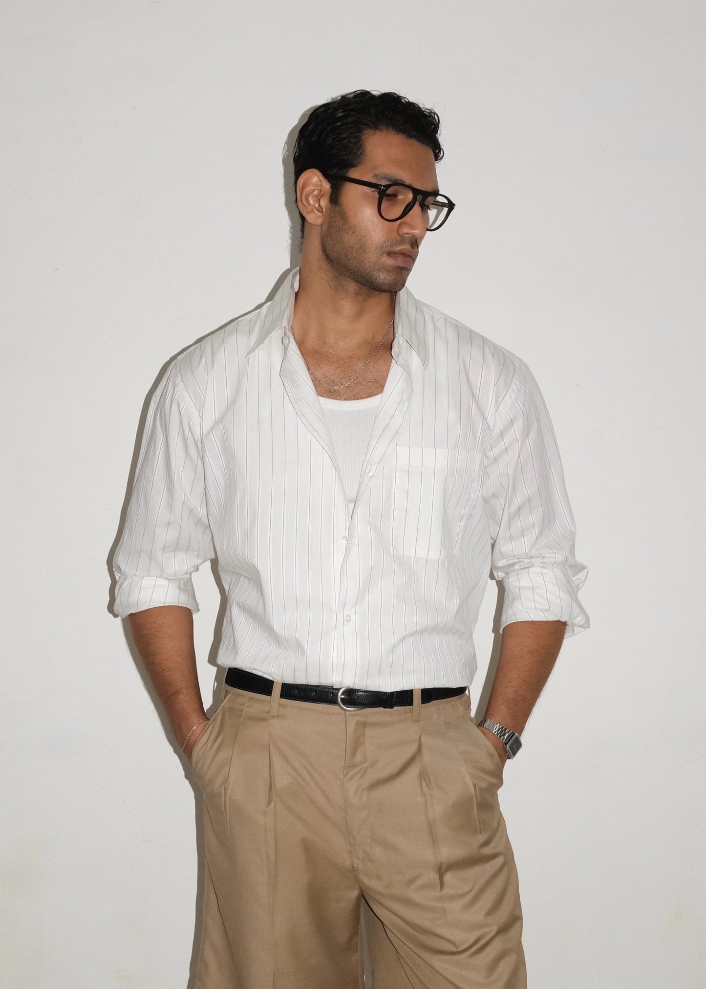Tailored Giza cotton Shirt - White/Black stripe