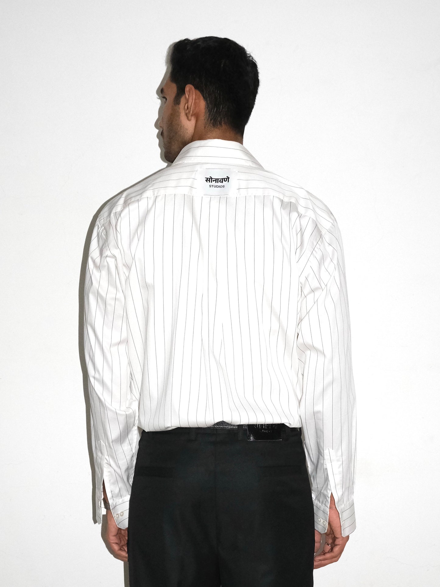 Tailored Giza cotton Shirt - White/ Black pinstripe