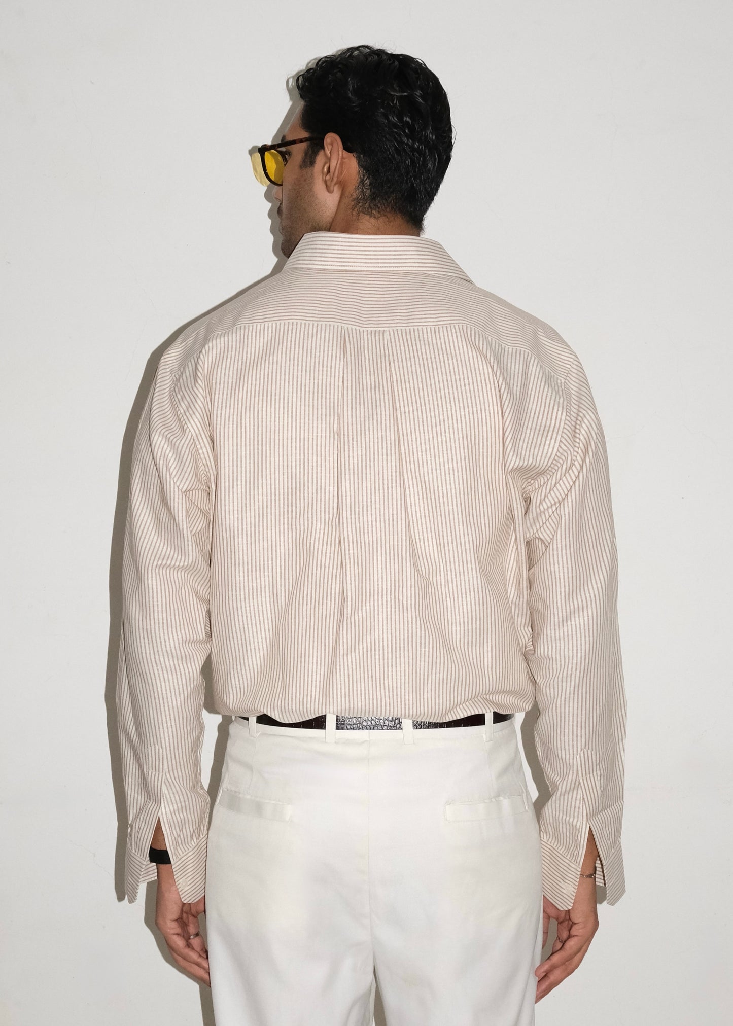 Tailored Linen Cotton Shirt- Brown/White stripe