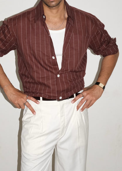 Tailored Linen Cotton Shirt- Brown/White pinstripe