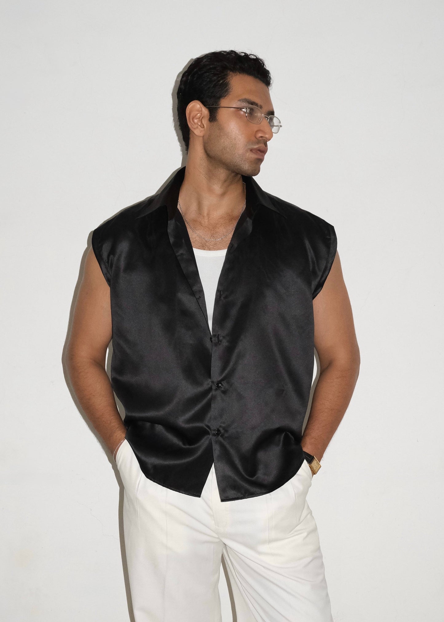 Tailored Satin Sleeveless Shirt- Black