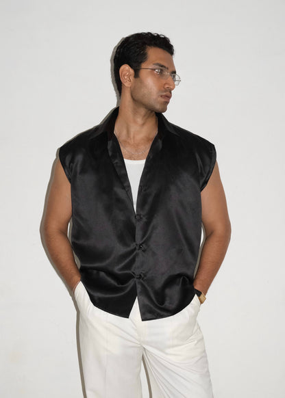 Tailored Satin Sleeveless Shirt- Black
