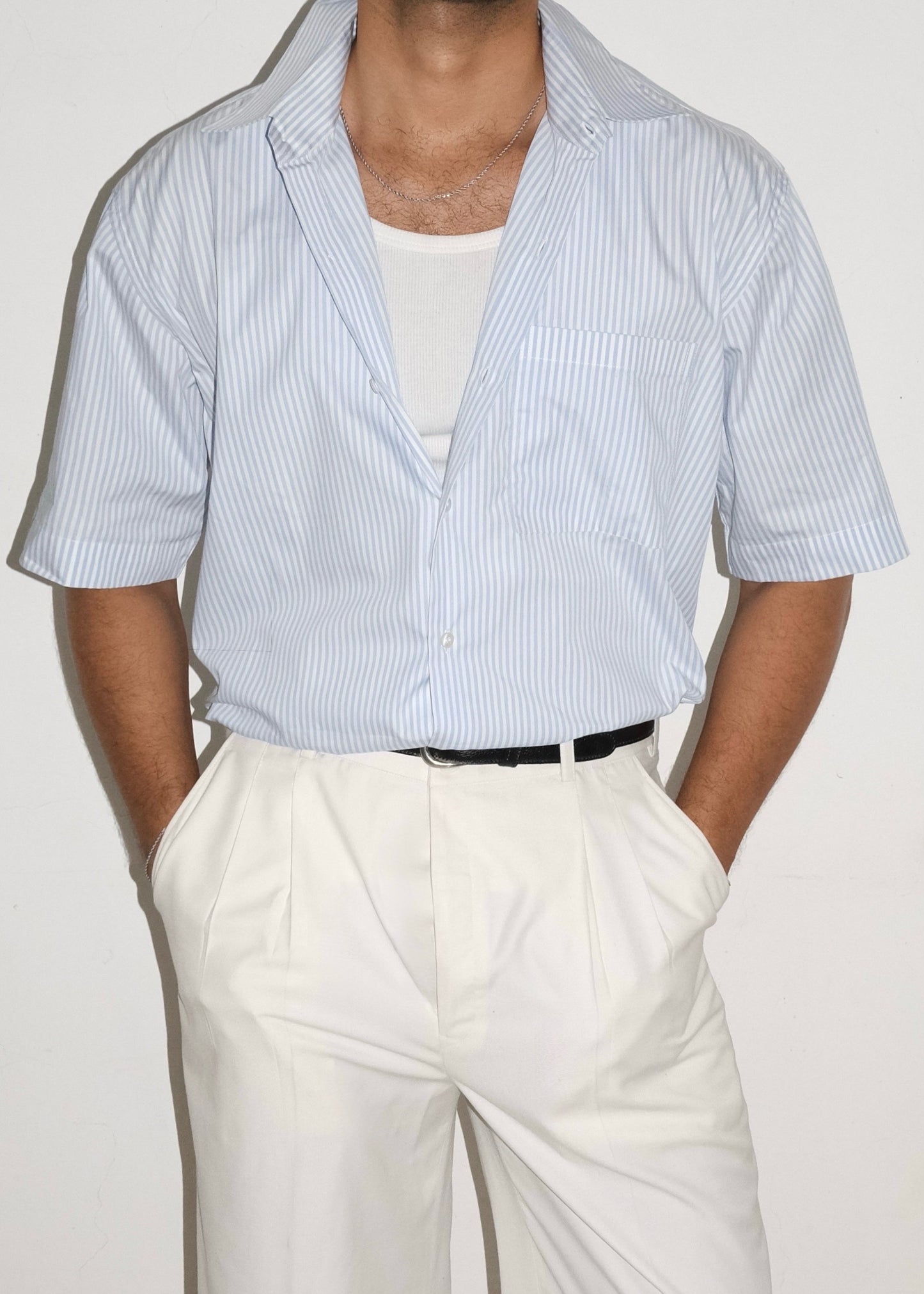 Tailored Pima Cotton Short Shirt - Blue/White stripe