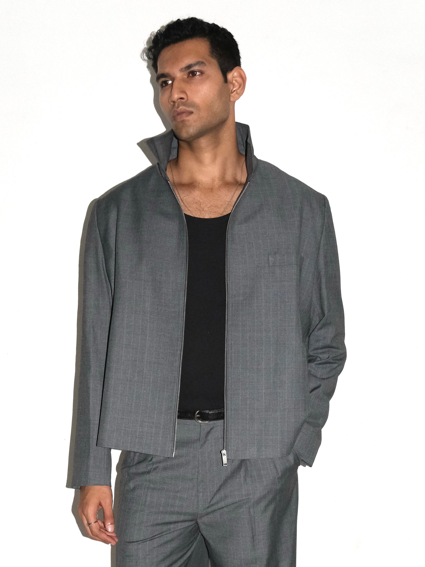 Tailored Wool Blend Jacket- Grey Pinstripe