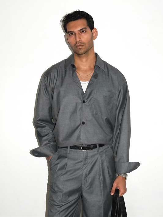 Tailored Wool blend Full Sleeves Shirt - Grey