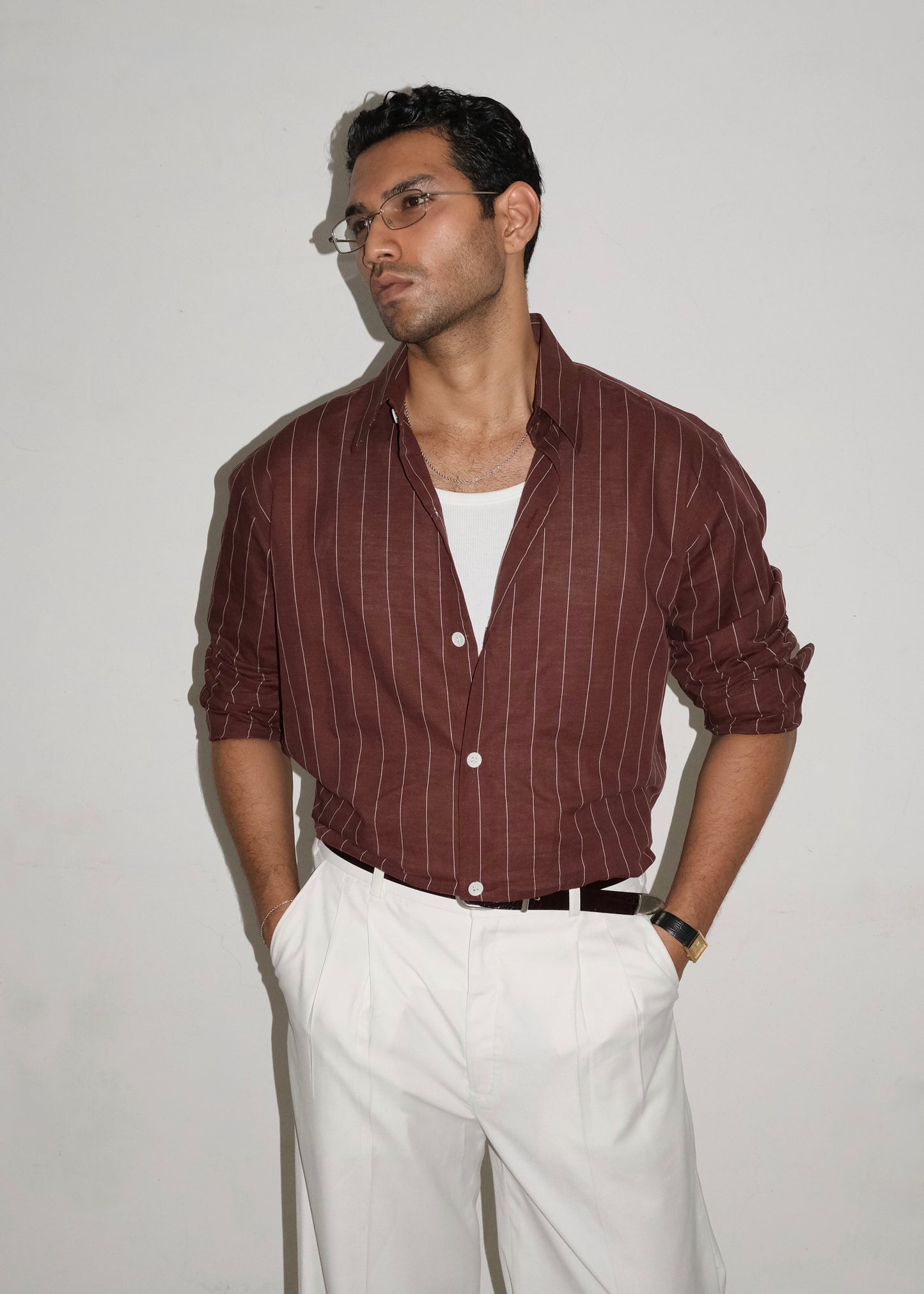 Tailored Linen Cotton Shirt- Brown/White pinstripe