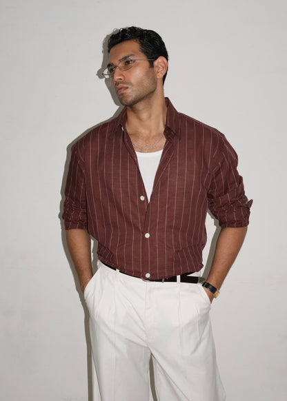 Tailored Linen Cotton Shirt- Brown/White pinstripe