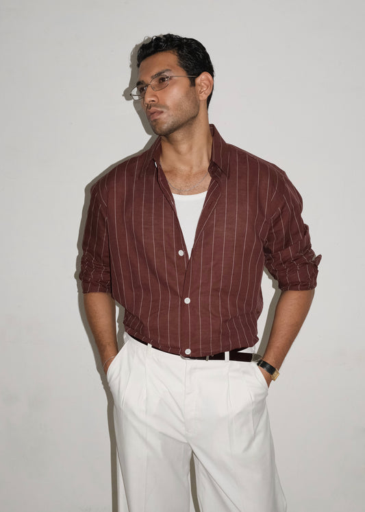 Tailored Linen Cotton Shirt- Brown/White pinstripe