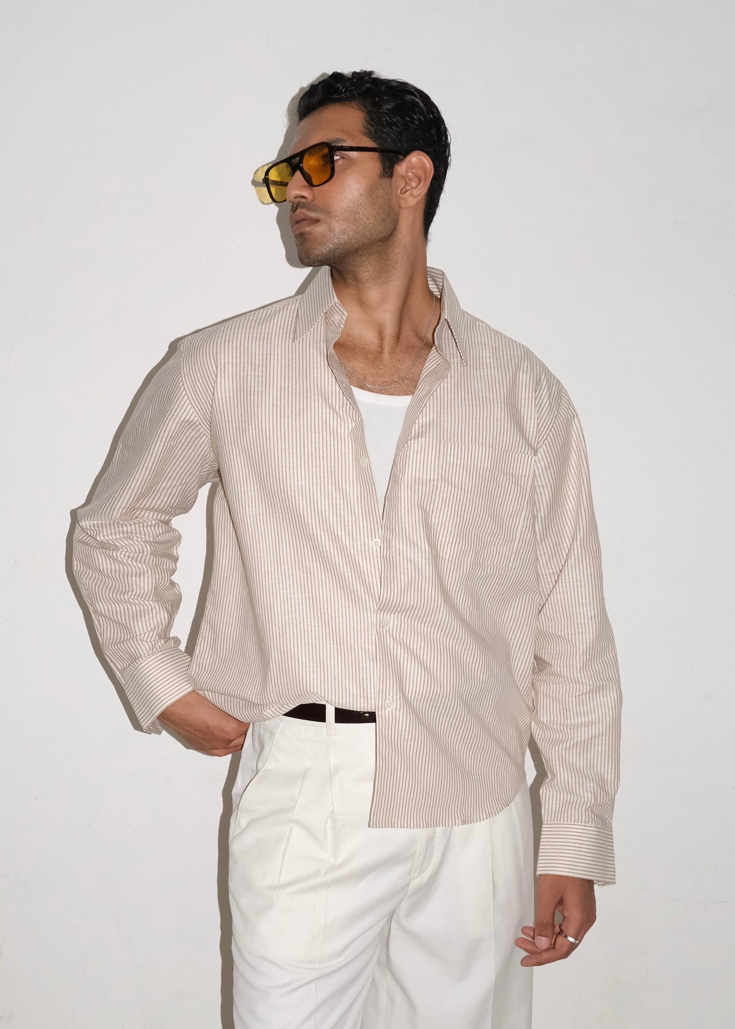 Tailored Linen Cotton Shirt- Brown/White stripe
