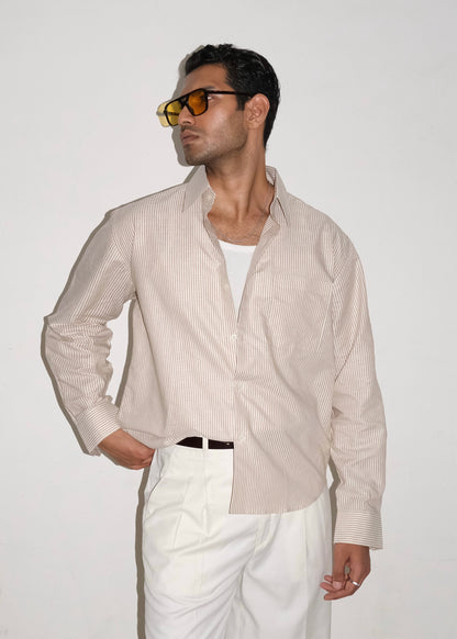 Tailored Linen Cotton Shirt- Brown/White stripe