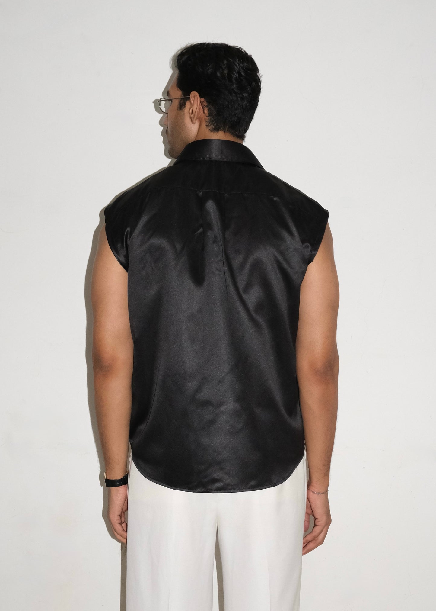 Tailored Satin Sleeveless Shirt- Black