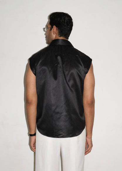 Tailored Satin Sleeveless Shirt- Black