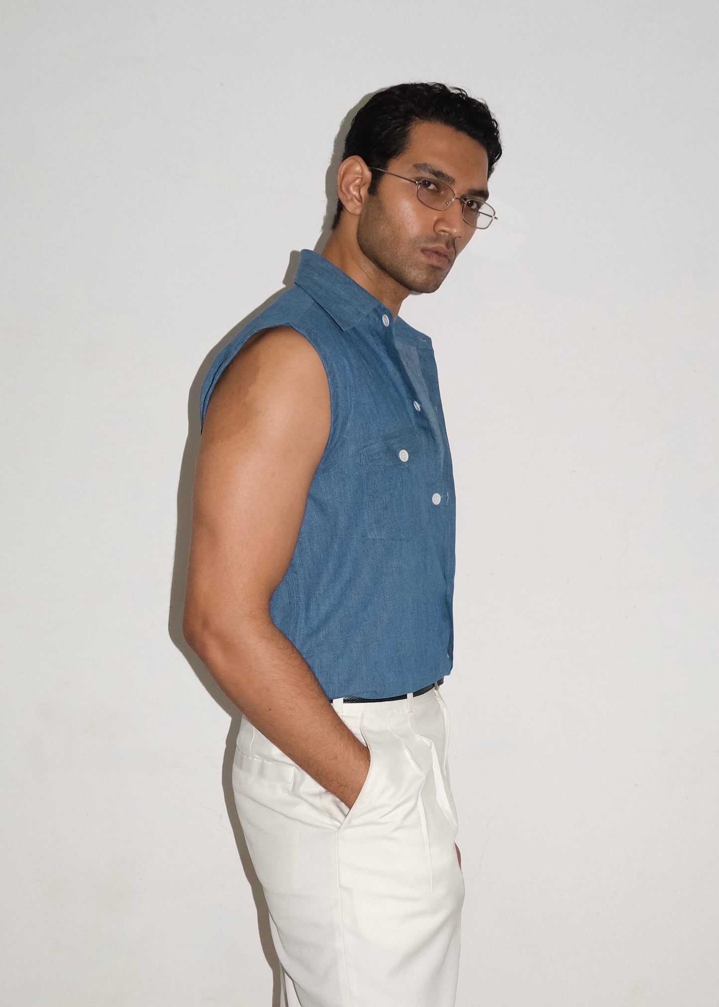 Tailored Denim Sleeveless Shirt- Blue