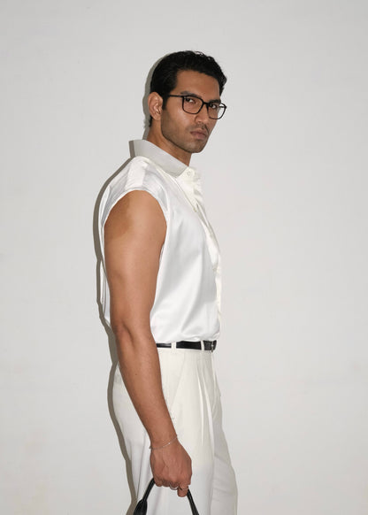 Tailored Satin Sleeveless Shirt- Ivory