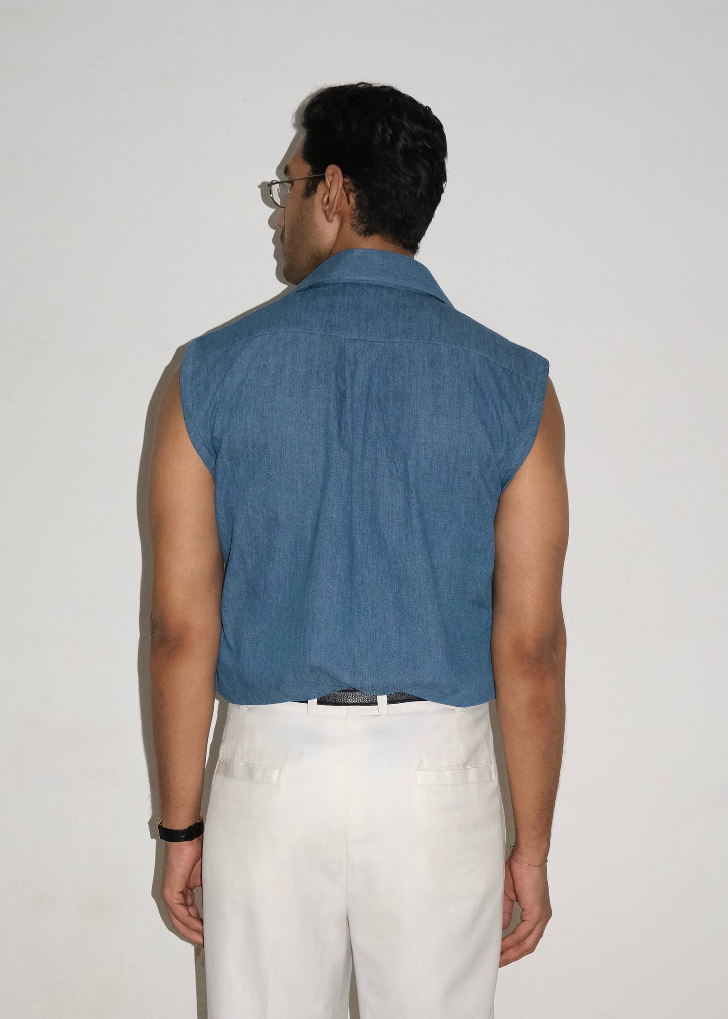 Tailored Denim Sleeveless Shirt- Blue