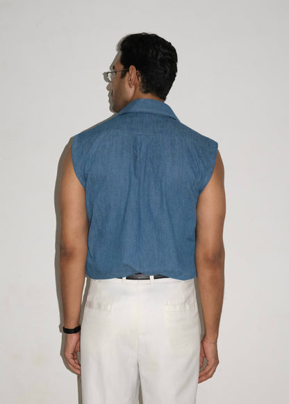 Tailored Denim Sleeveless Shirt- Blue