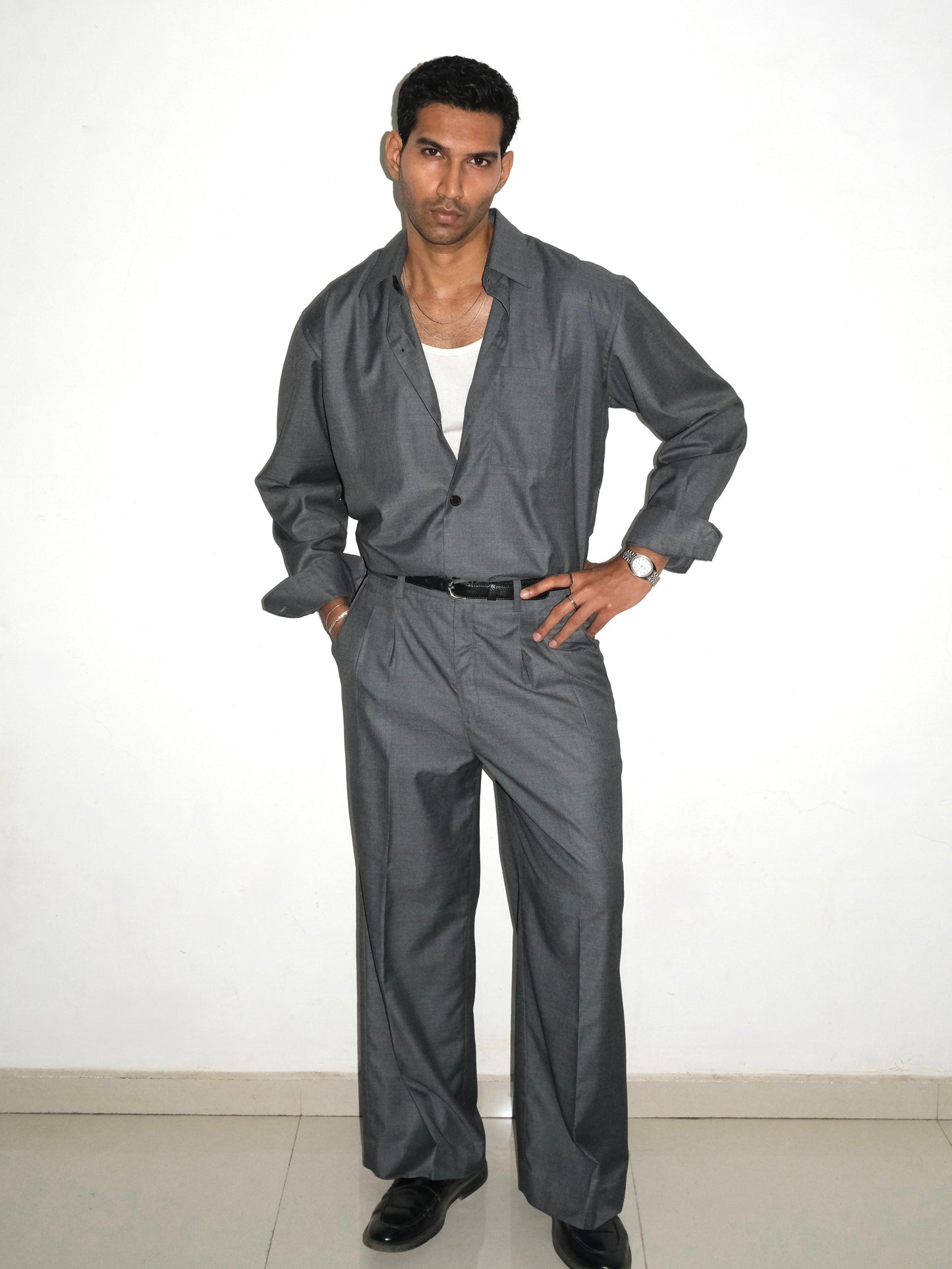 Tailored Wool blend Full Sleeves Shirt - Grey