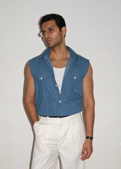 Tailored Denim Sleeveless Shirt- Blue