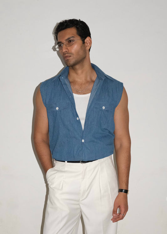 Tailored Denim Sleeveless Shirt- Blue
