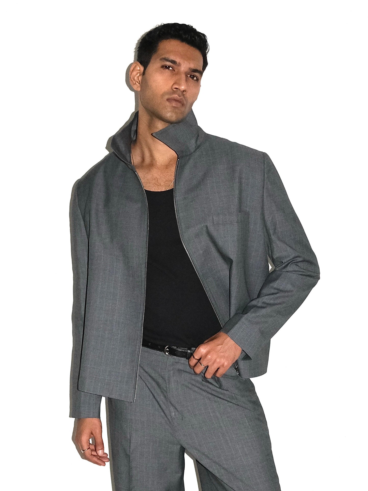 Tailored Wool Blend Jacket- Grey Pinstripe