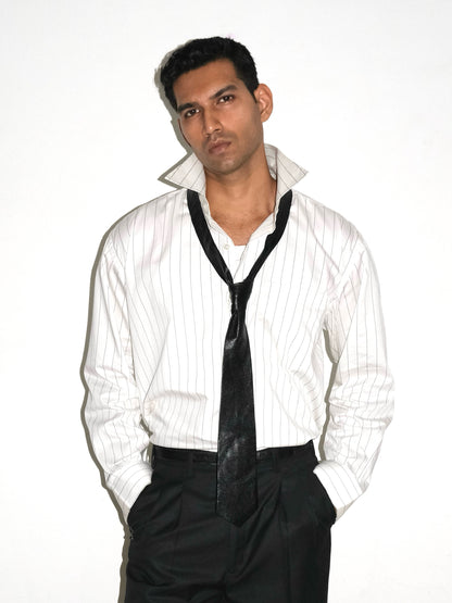 Tailored Giza cotton Shirt - White/ Black pinstripe