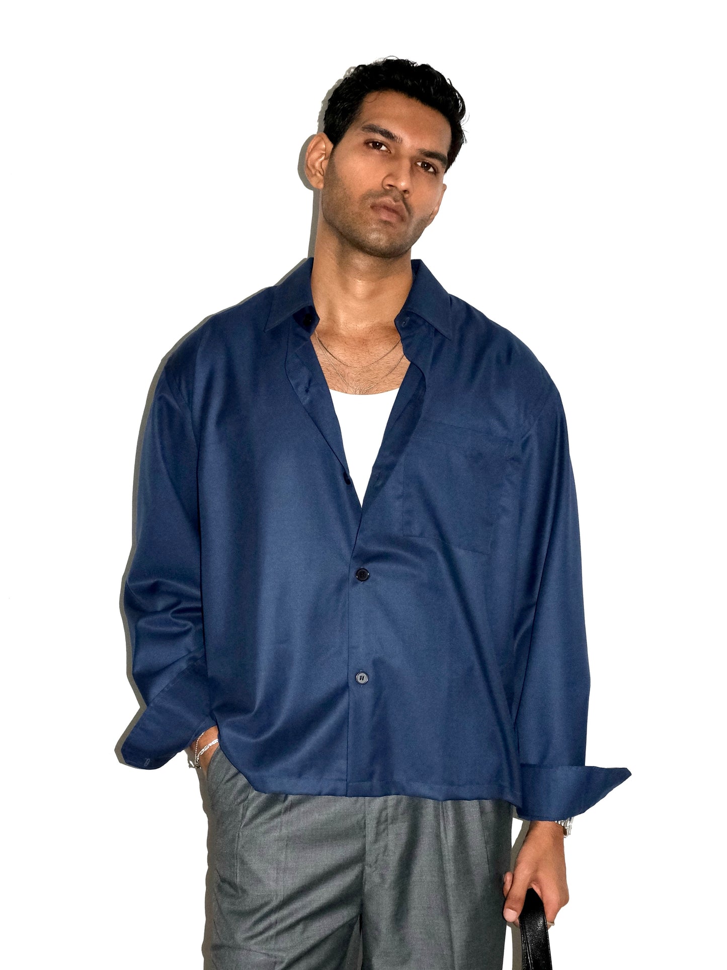 Tailored Wool blend Full Sleeves Shirt - Blue