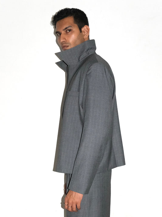Tailored Wool Blend Jacket- Grey Pinstripe