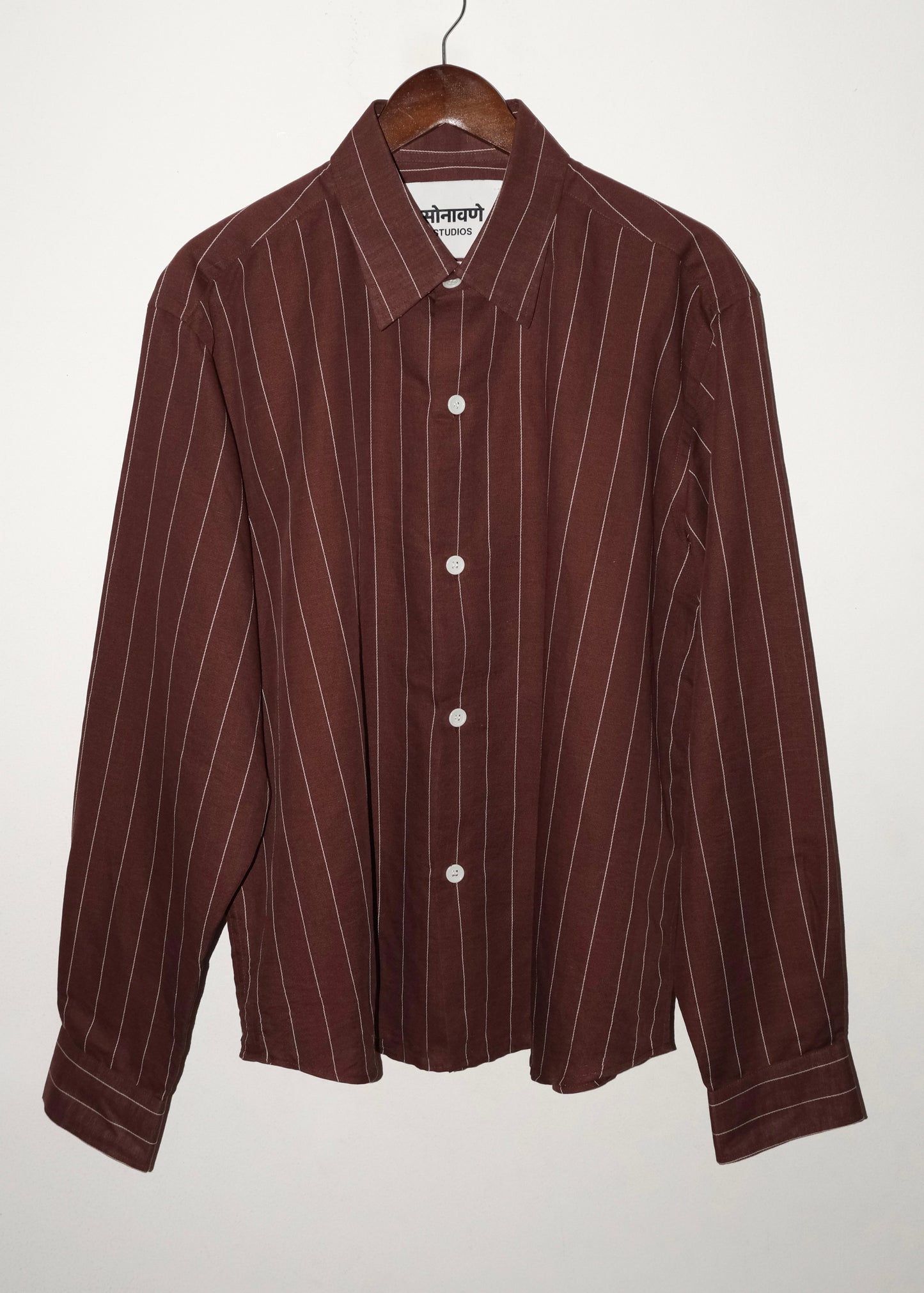 Tailored Linen Cotton Shirt- Brown/White pinstripe