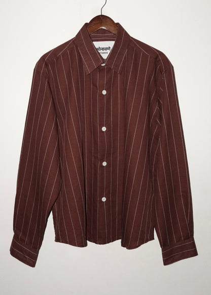 Tailored Linen Cotton Shirt- Brown/White pinstripe