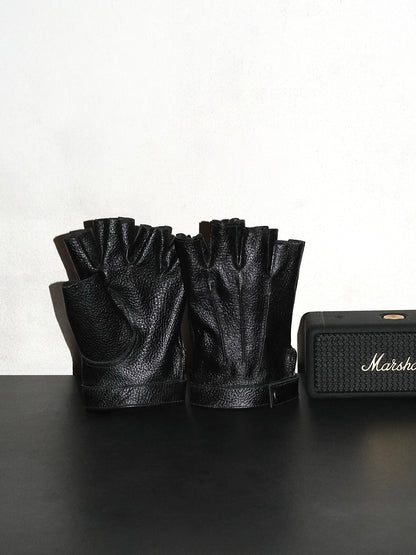 Handmade Leather Half Gloves- Black