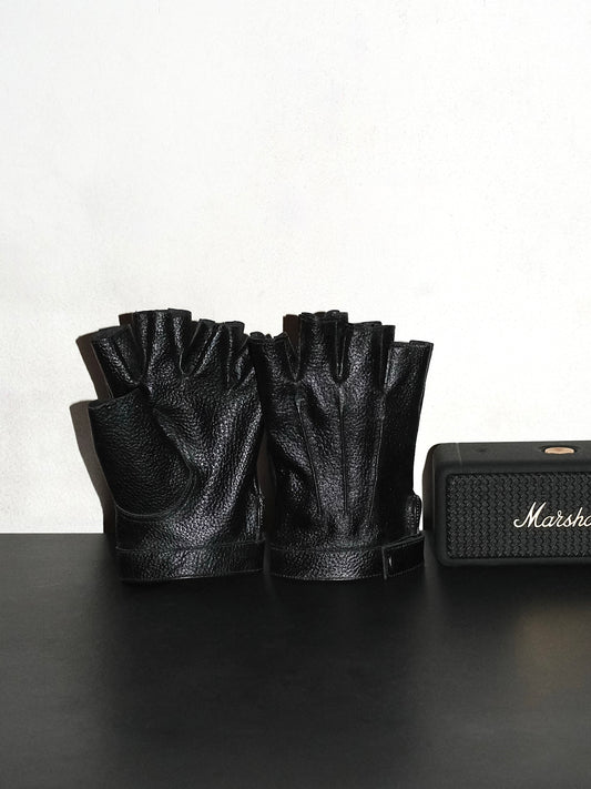 Handmade Leather Half Gloves- Black