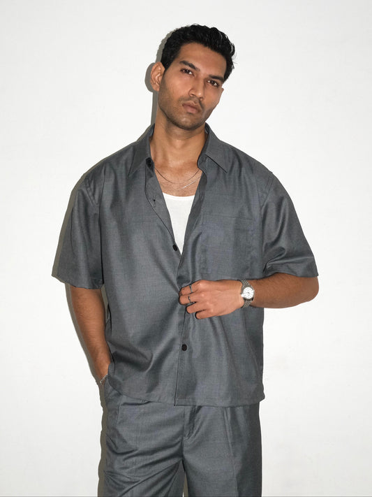 Tailored Wool blend Half Sleeves Shirt - Grey