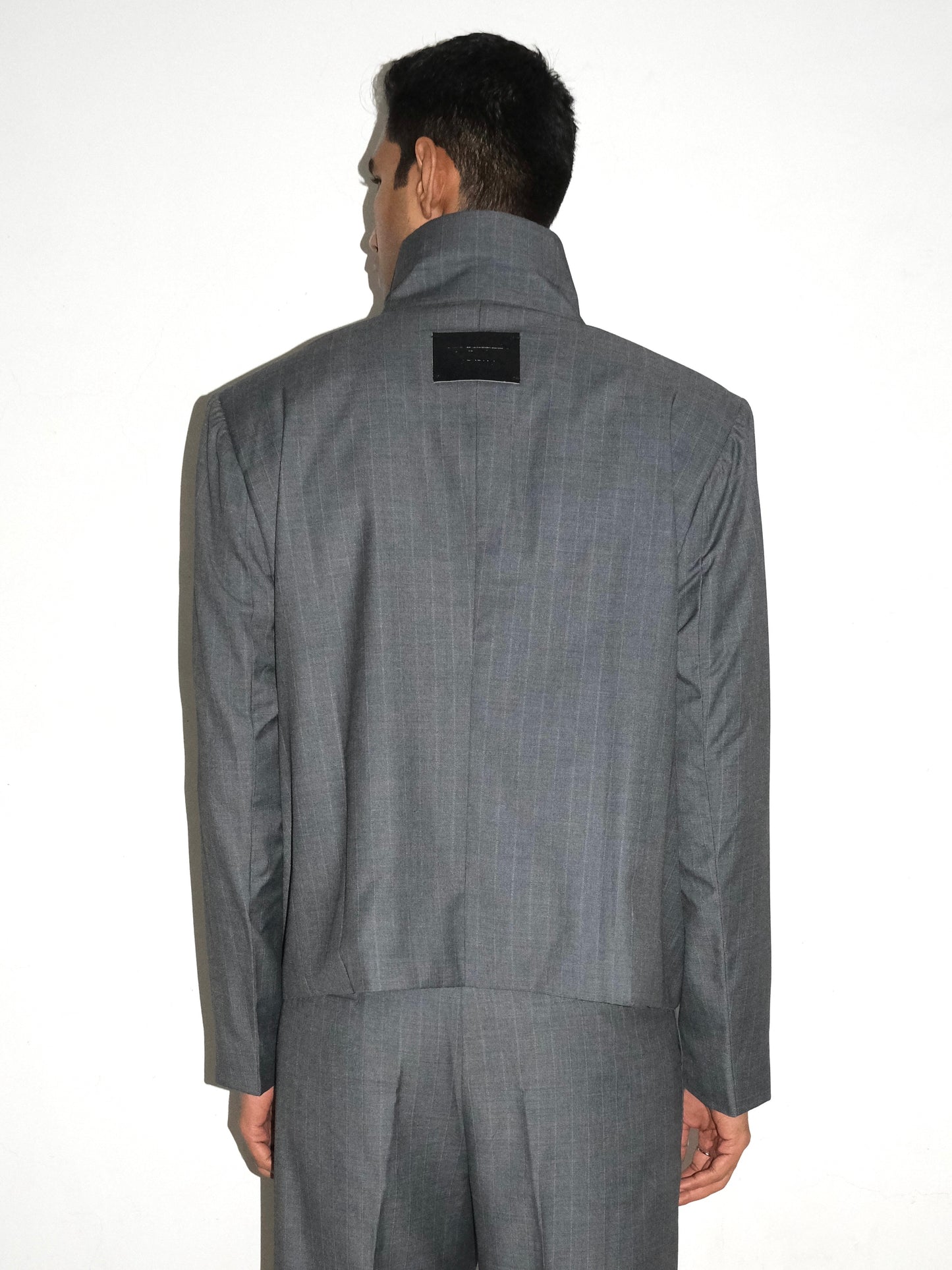Tailored Wool Blend Jacket- Grey Pinstripe
