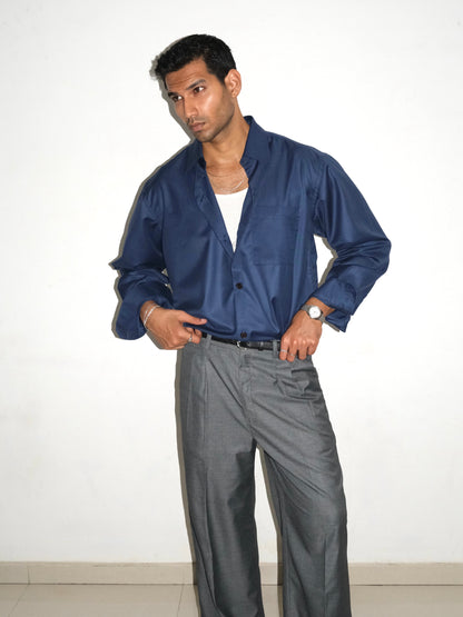 Tailored Wool blend Full Sleeves Shirt - Blue