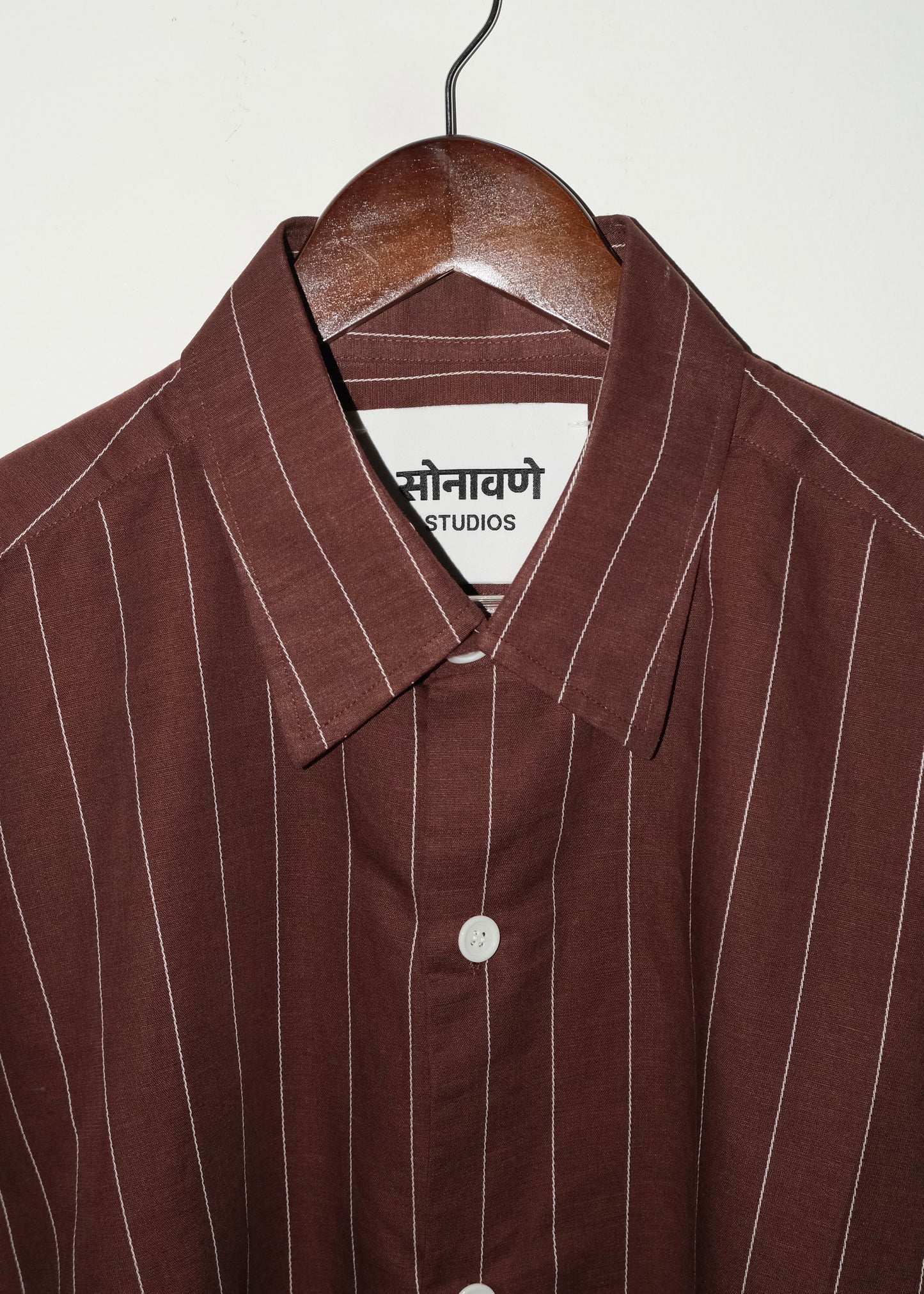 Tailored Linen Cotton Shirt- Brown/White pinstripe