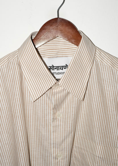 Tailored Linen Cotton Shirt- Brown/White stripe