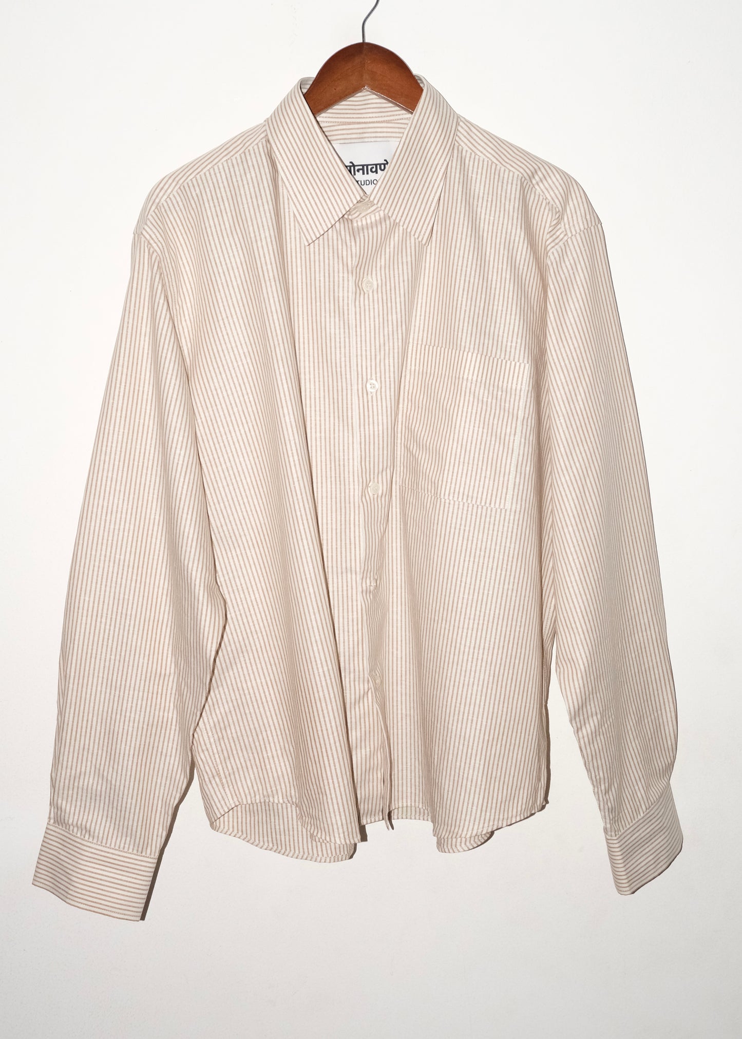 Tailored Linen Cotton Shirt- Brown/White stripe