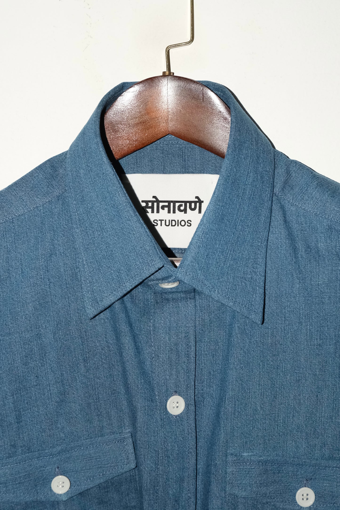 Tailored Denim Sleeveless Shirt- Blue