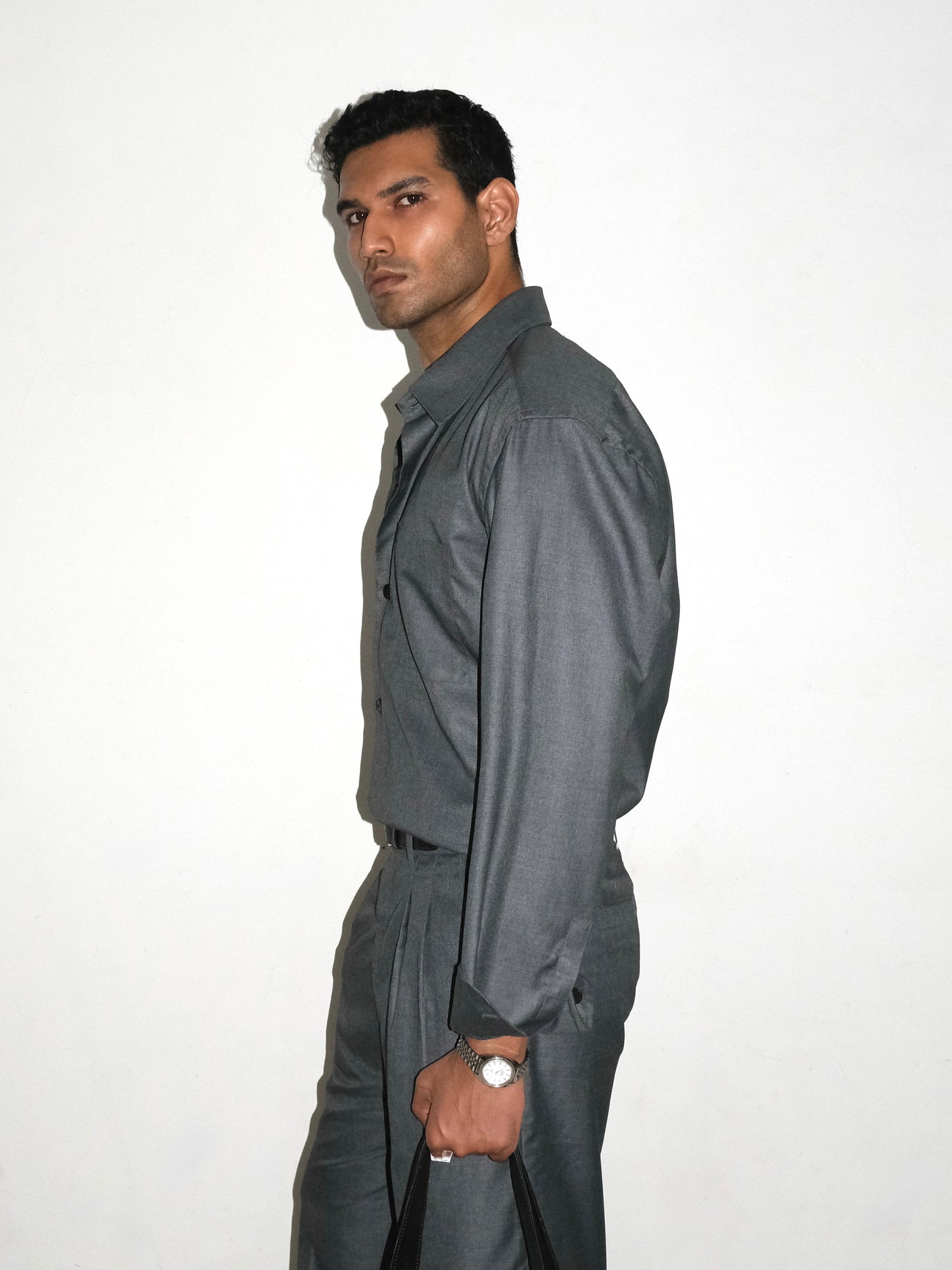 Tailored Wool blend Full Sleeves Shirt - Grey