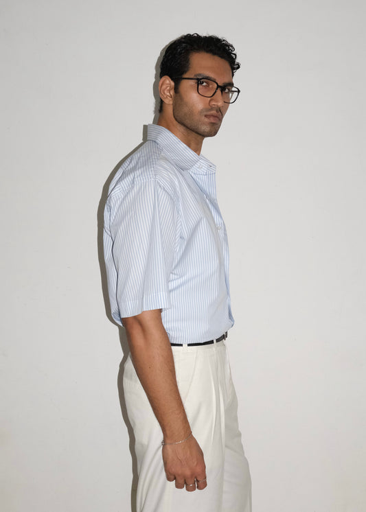 Tailored Pima Cotton Short Shirt - Blue/White stripe